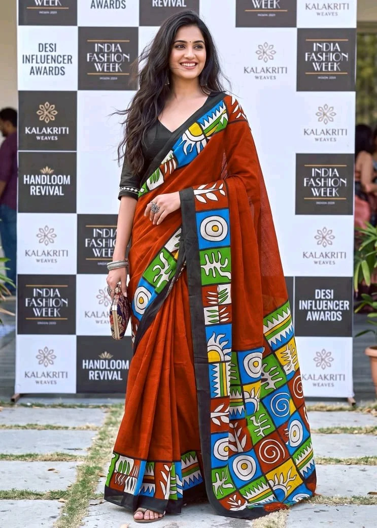 Soft Pure Cotton Sarees With Ikkat Print thumbnail 7