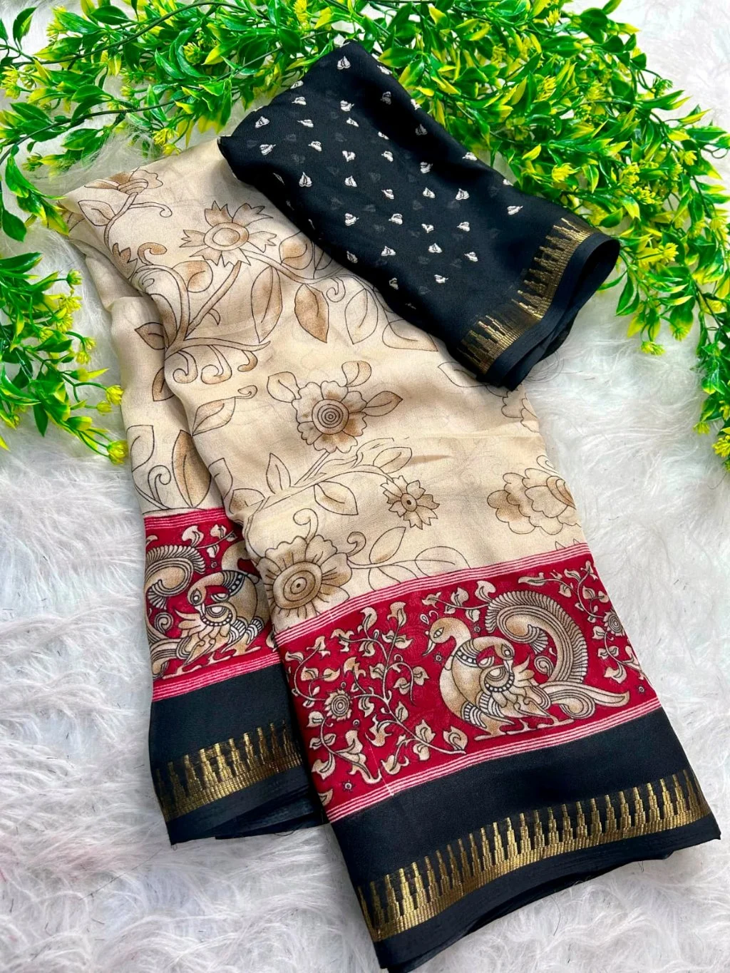 Cream Kalamkari Print Saree with Red Border thumbnail 1