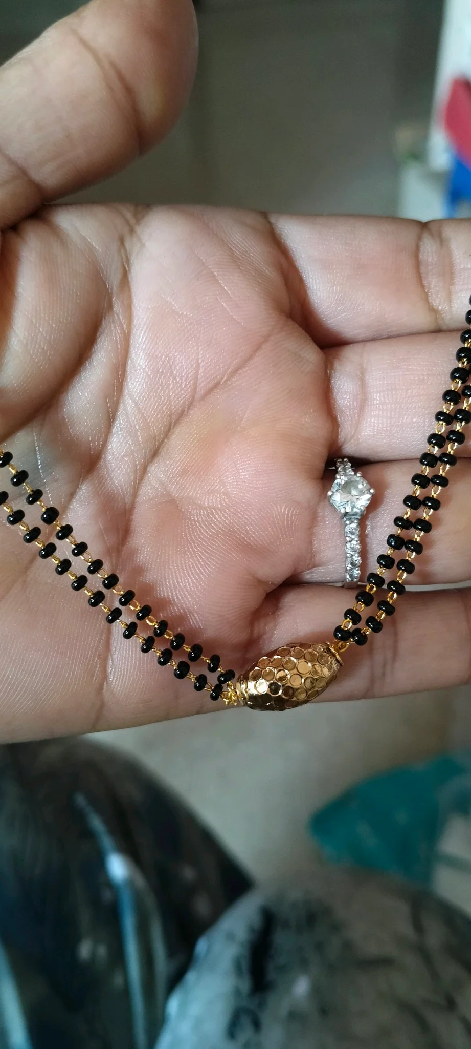 Gold Plated Double Strand Black Bead Mangalsutra with Textured Pendant