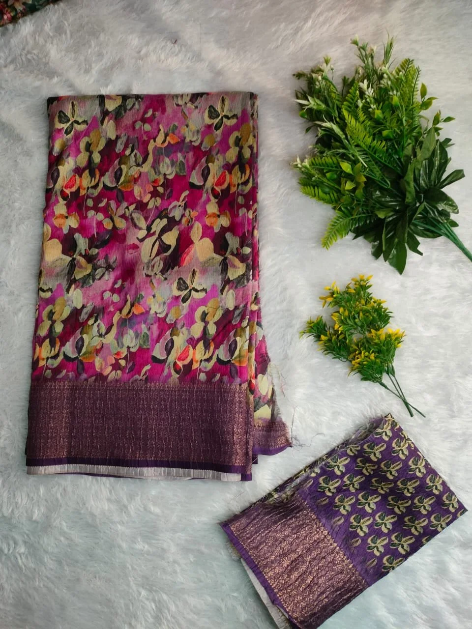 Pink and Purple Floral Print Saree with Zari Border
