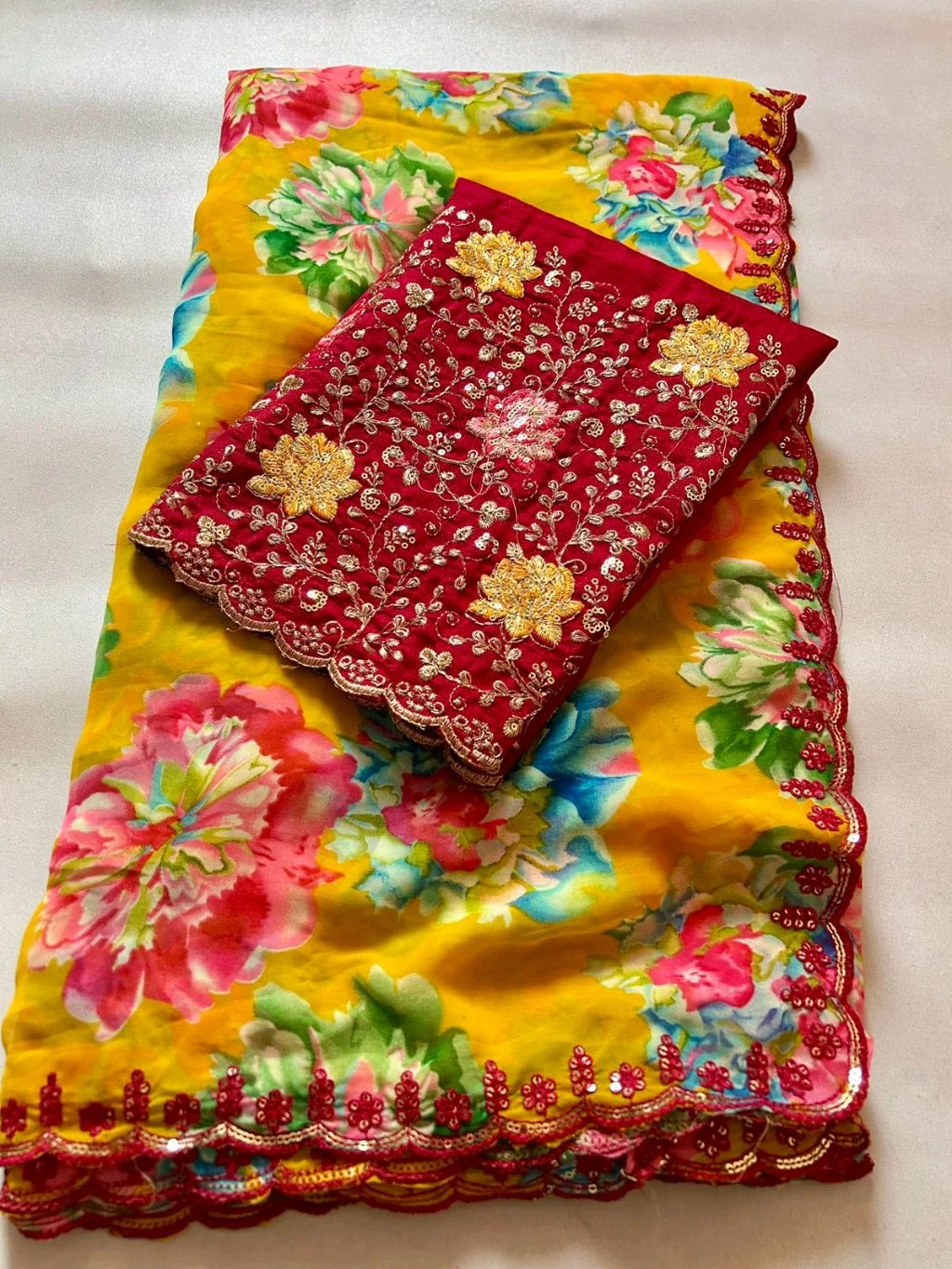 Yellow Floral Print Saree with Embroidered Red Blouse Piece 1