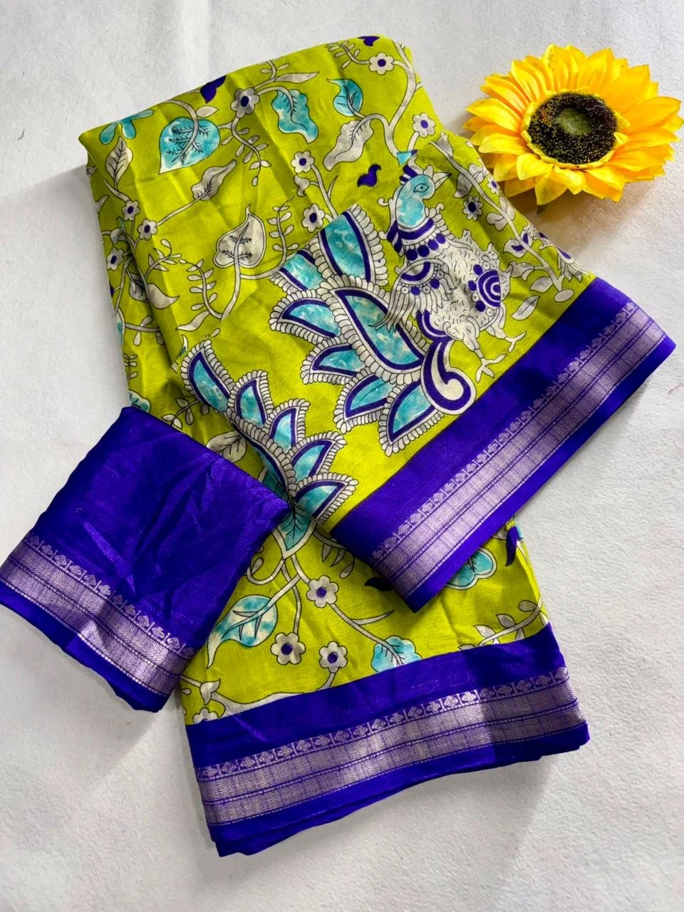 Jequrd Kalamkari Print Saree with Royal Blue Border 3