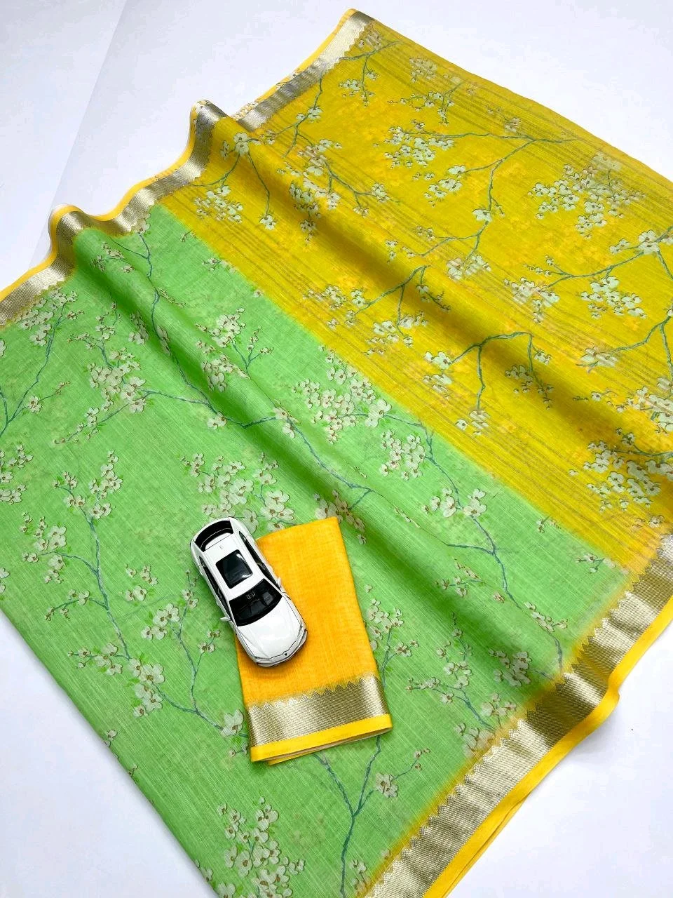 Soft Floral Linen Saree with Teal Blouse Piece thumbnail 5