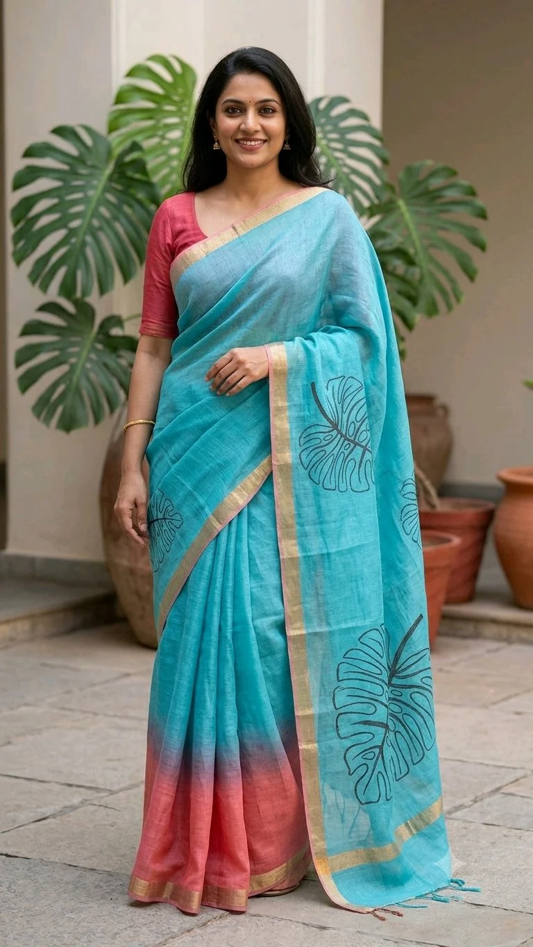 Aqua Blue Ombre Linen Saree with Leaf Print thumbnail 1