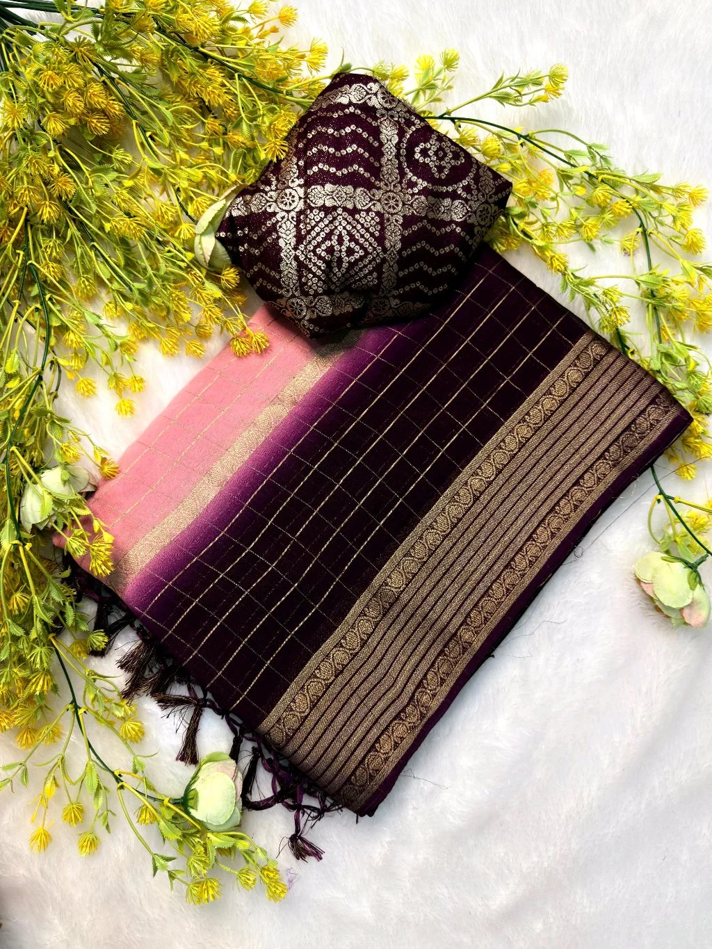 Viscose Chunon Saree with Gold Zari Border and Bandhani Blouse 4
