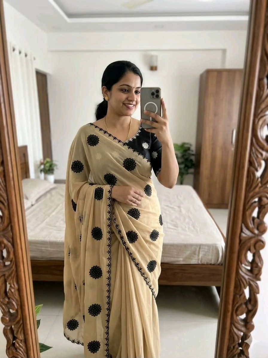 Soft Georgette Saree with Black Floral Embroidery thumbnail 8