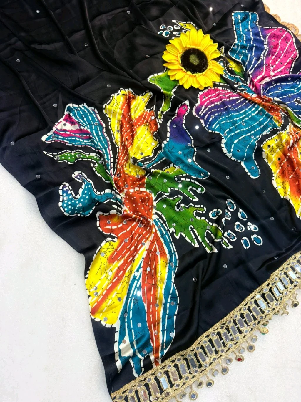 Black Ajrakh  Saree with Colorful Abstract Print and Mirror Work 2