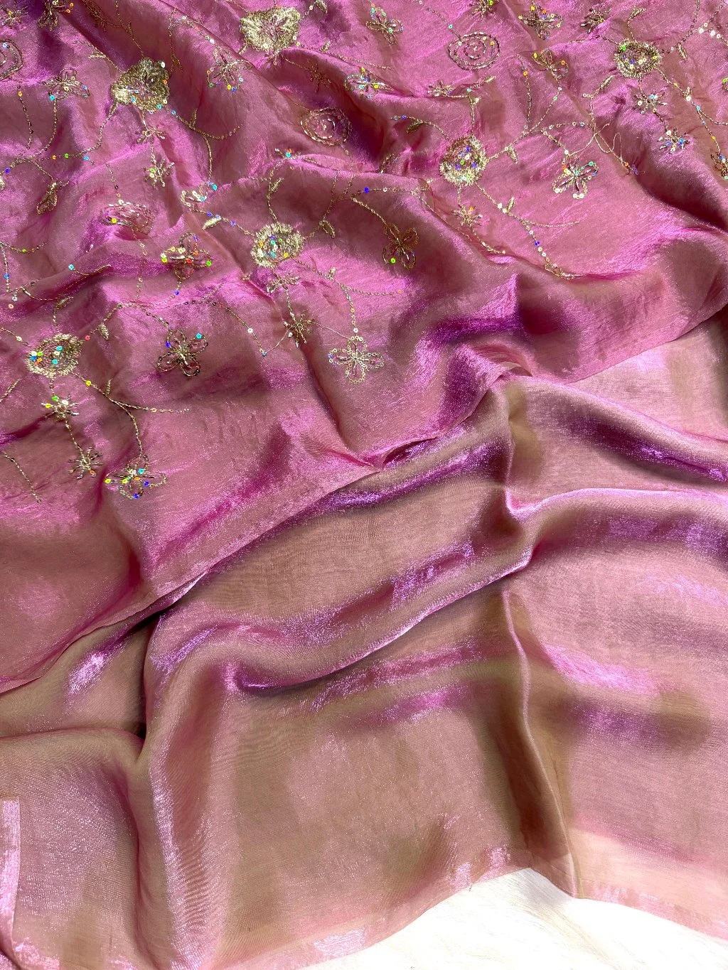 Two Tone Space Silk Saree with Gold Sequin Embroidery 2