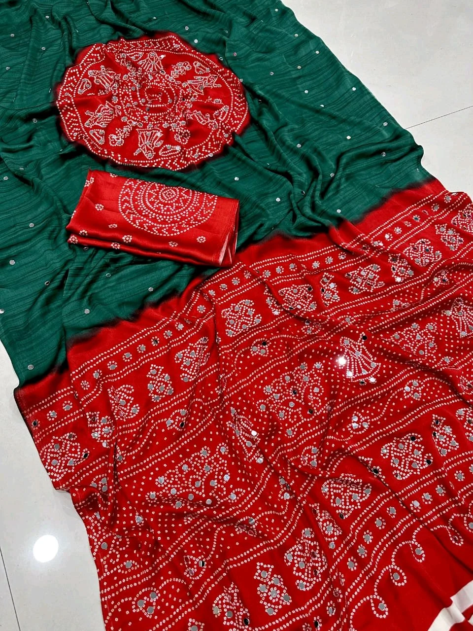Soft Satin Crepe Silk Saree and Mirror Work thumbnail 1