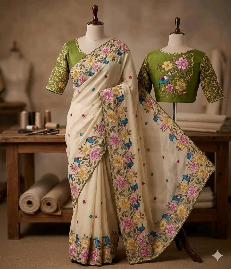 Cream Embroidered Saree with Bird and Floral Scalloped Border 2
