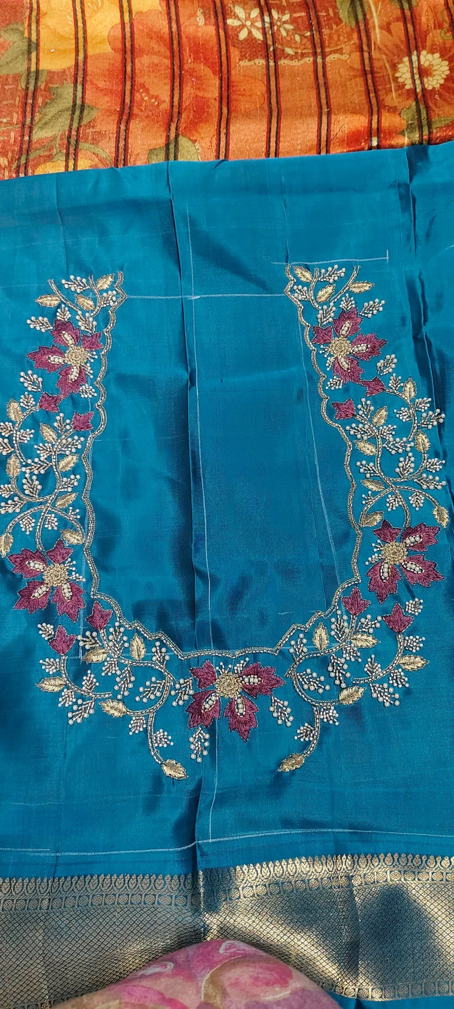 Blue Computer Maggam Floral Embroidered Blouse Piece thumbnail 1
