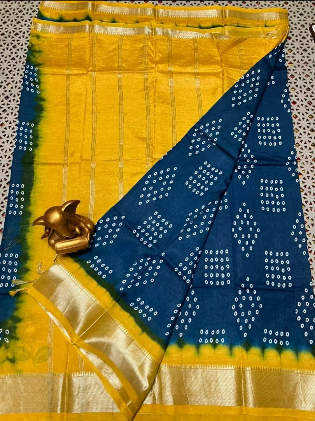 Yellow Blue Mangalagiri Pattu Saree with Bandhani Print thumbnail 1