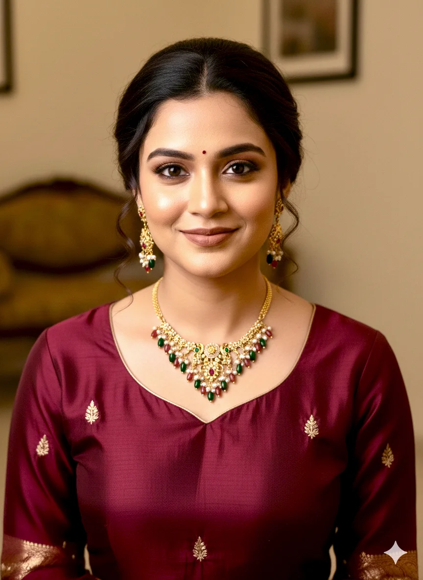 Gold Toned Beaded V-Shape Necklace Set With Earrings