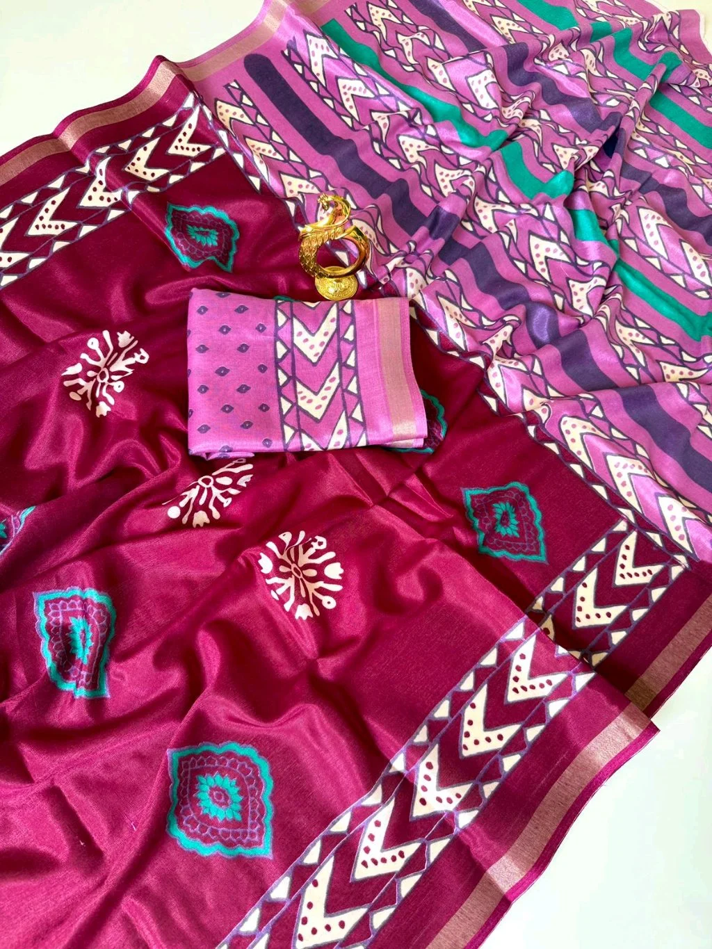 Mul Mul Cotton Magenta Printed Art Silk Saree with Geometric Pallu