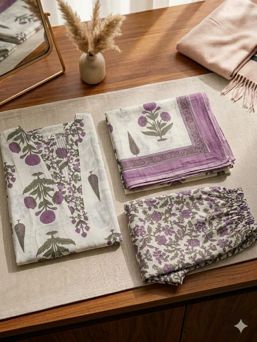 3-piece Floral Block Print Cotton Fabric Bundle Set thumbnail 3