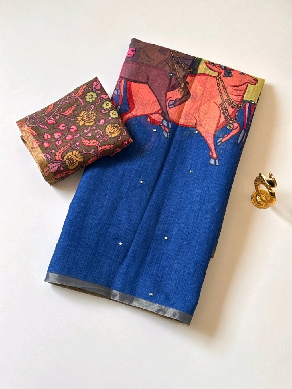Linen Cotton Saree with Kalamkari Print Blouse 1