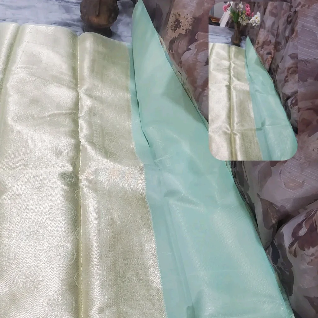 Light Green Banarasi Style  Manipuri Kota Saree with Floral Motifs and Gold Zari Border 2