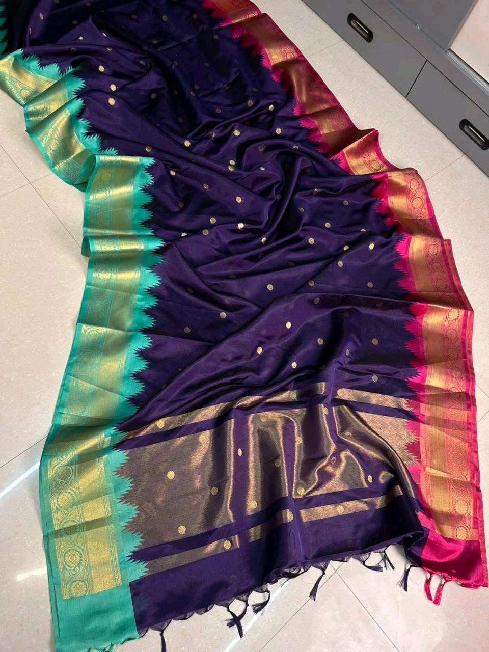 Katan Silk Purple Saree with Gold Zari Buttas and Dual Borders thumbnail 1