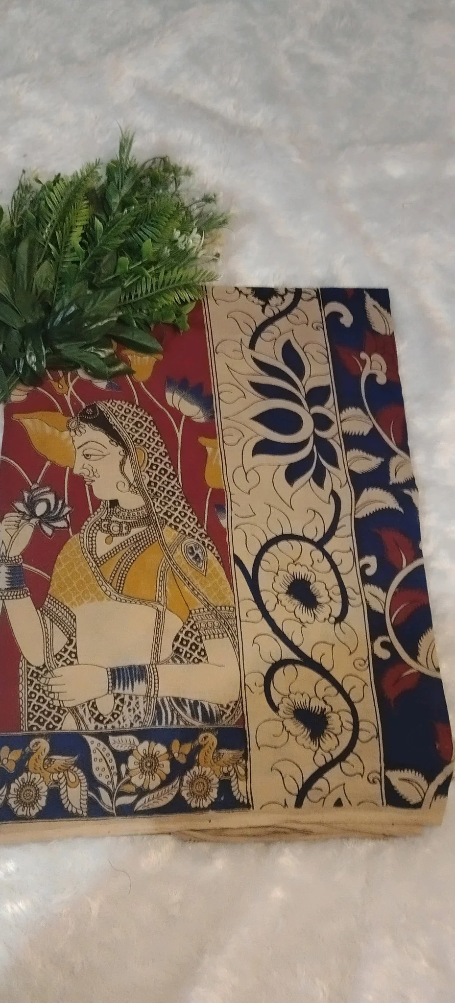 Whilet And Kalamkari Print Saree with Traditional Figure and Floral Borders