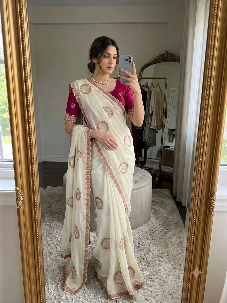 Cream Lightweight Saree with Multicolor Scalloped Embroidery 8