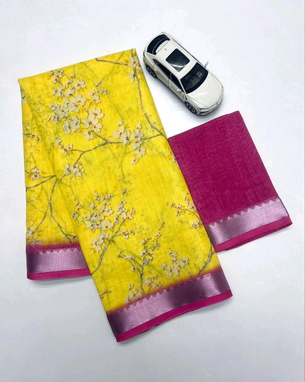 Soft Floral Linen Saree with Teal Blouse Piece thumbnail 2