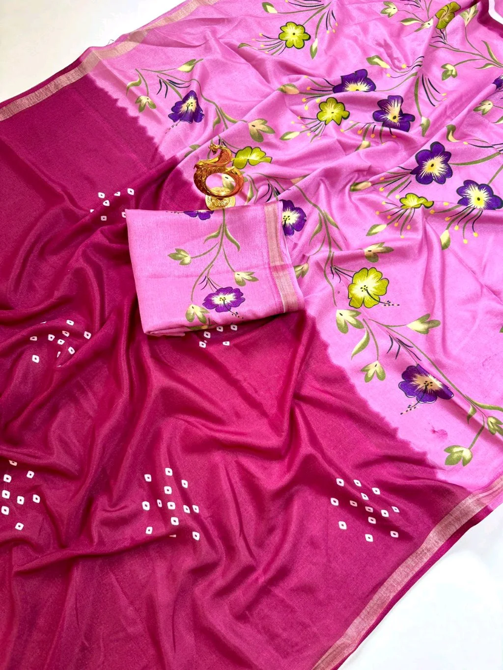 Red Dotted Saree with Pink Floral Blouse thumbnail 3