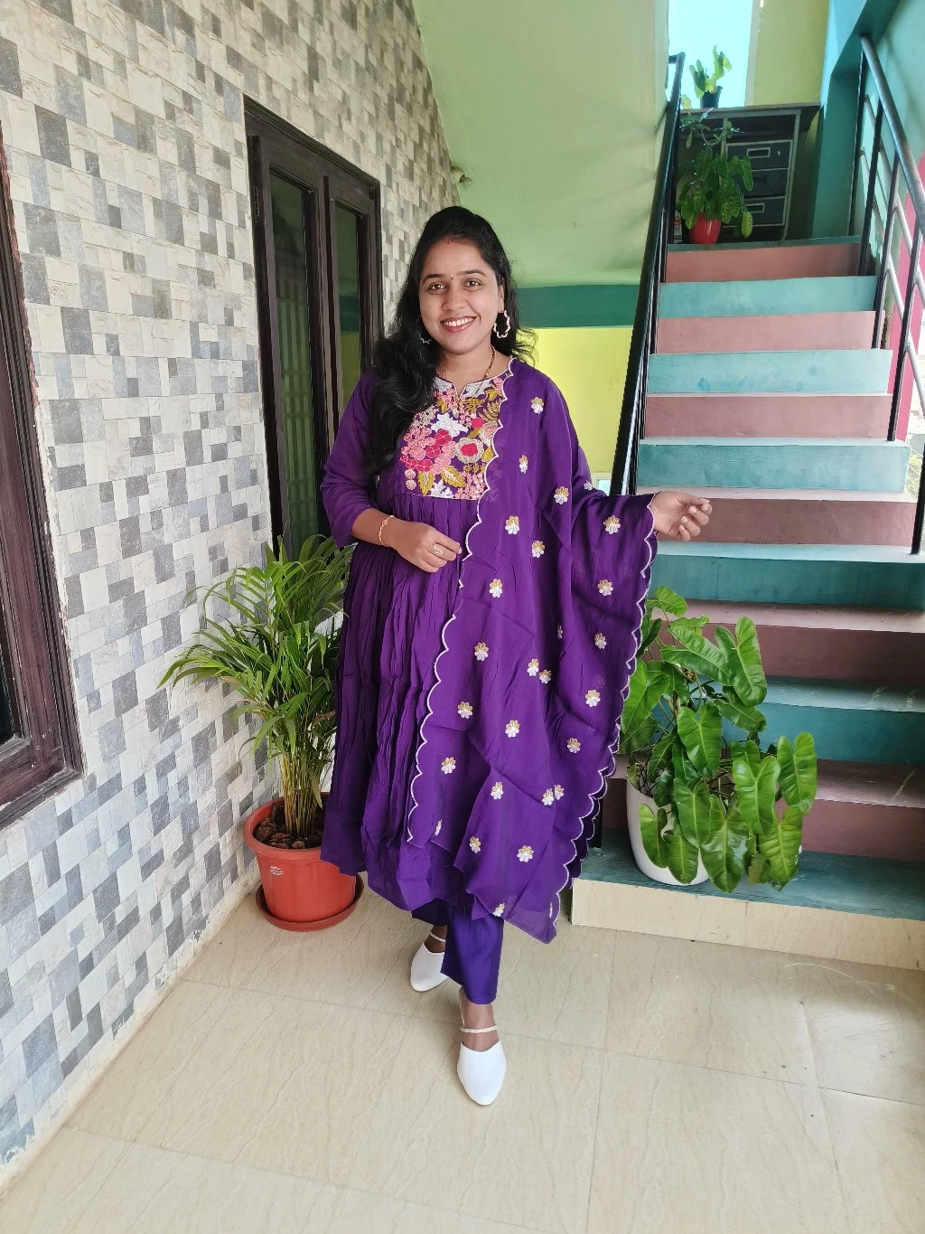 Purple Embroidered Chinnon Kurta Set with Floral Dupatta thumbnail 2
