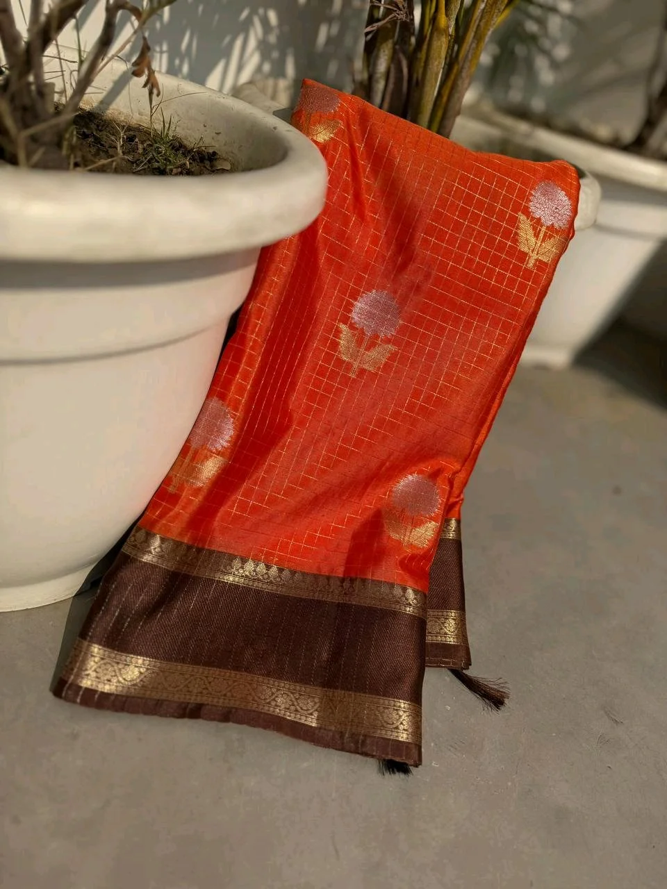 Orange Silk Saree with Brown Zari Border and Floral Buttis thumbnail 4