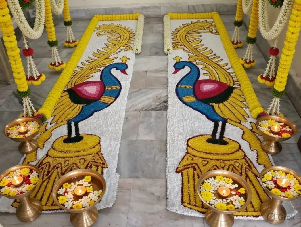 Pair of Peacock Design Floral Rangoli Mats 1