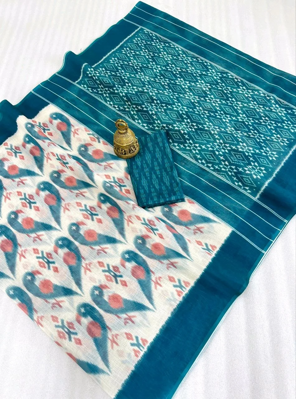 Vibrant Ikat Print Cotton Blend Sarees thumbnail 5