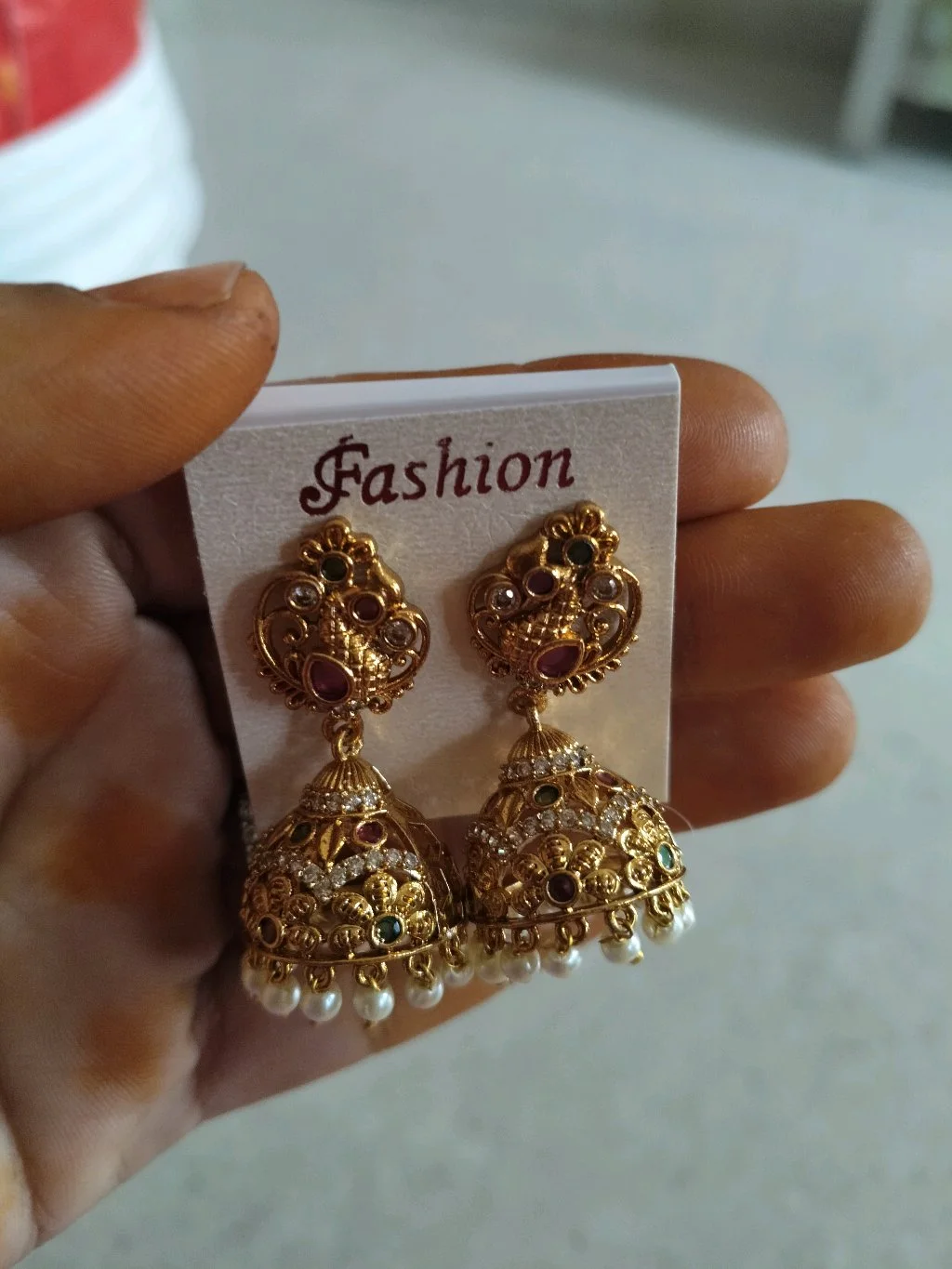 Gold Plated Traditional Jhumka Earrings with Ruby Emerald and Pearls