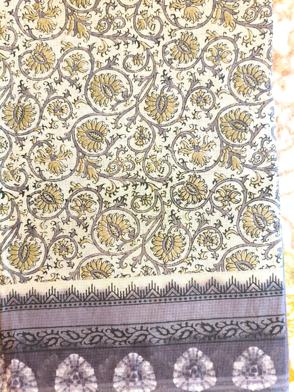 Cream and Gold Block Print Cotton Saree with Contrast Blouse 2