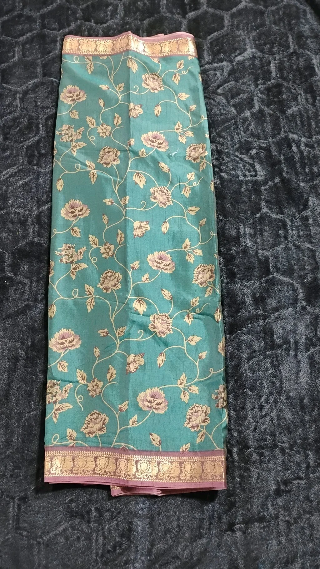 Maheshwari Silk Saree,Teal Floral Silk Blend Saree with Mauve Zari Border thumbnail 2
