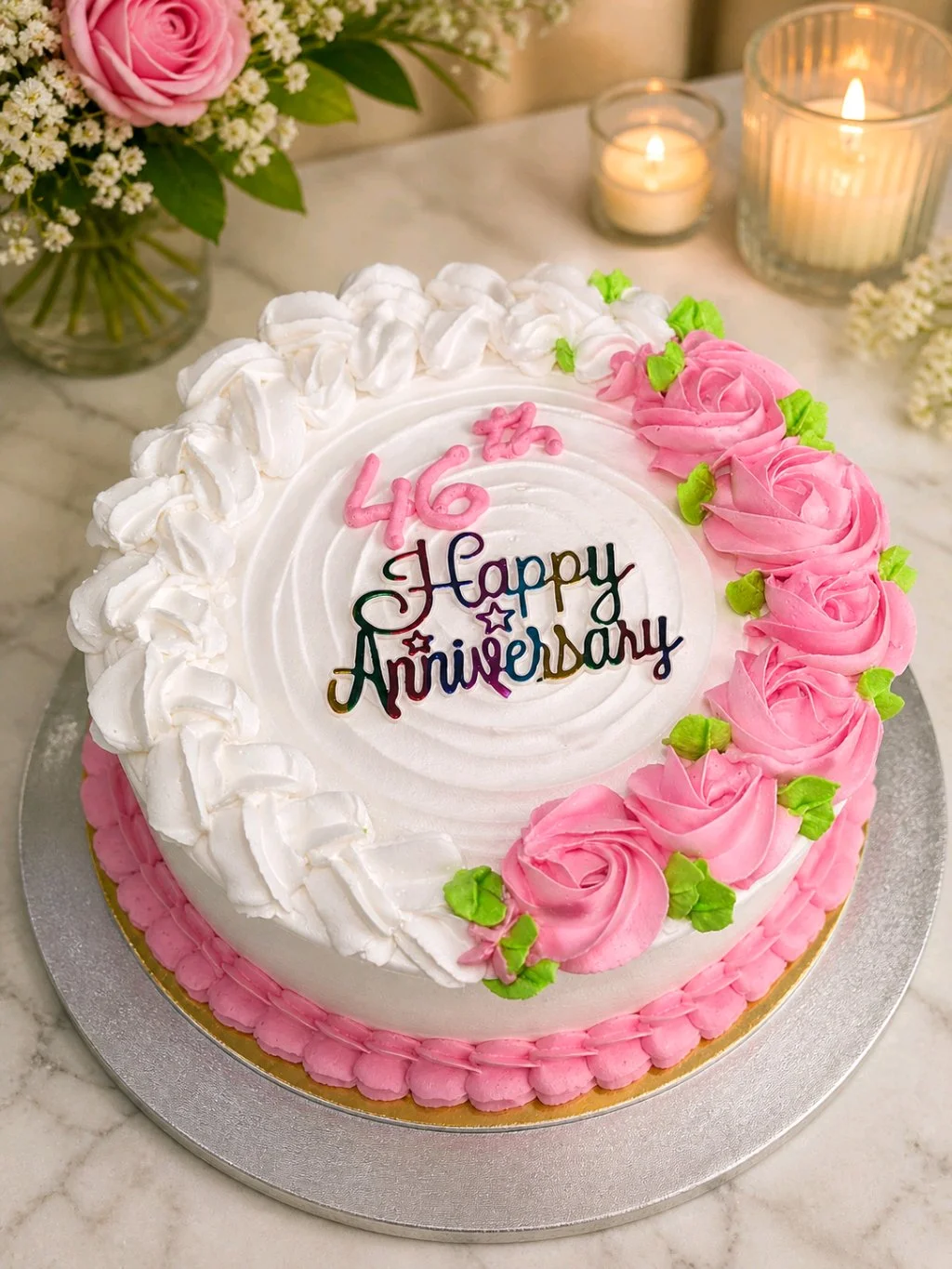 46th Happy Anniversary White and Pink Rose Cake