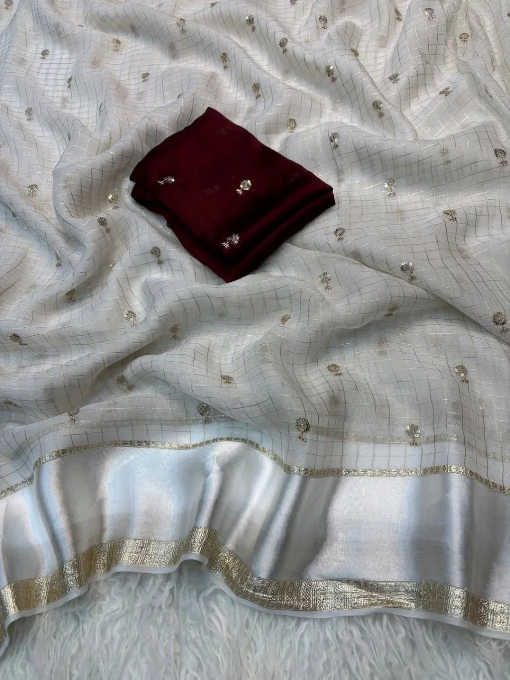 White Organza Saree with Silver Zari Checks and Maroon Blouse 3