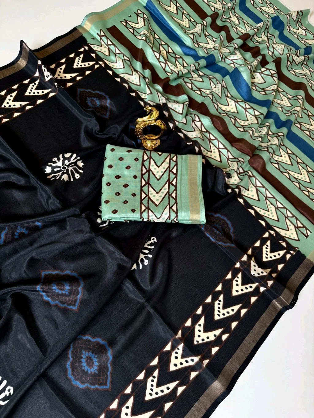 Black and Aqua Geometric Print Saree with Abstract Motifs