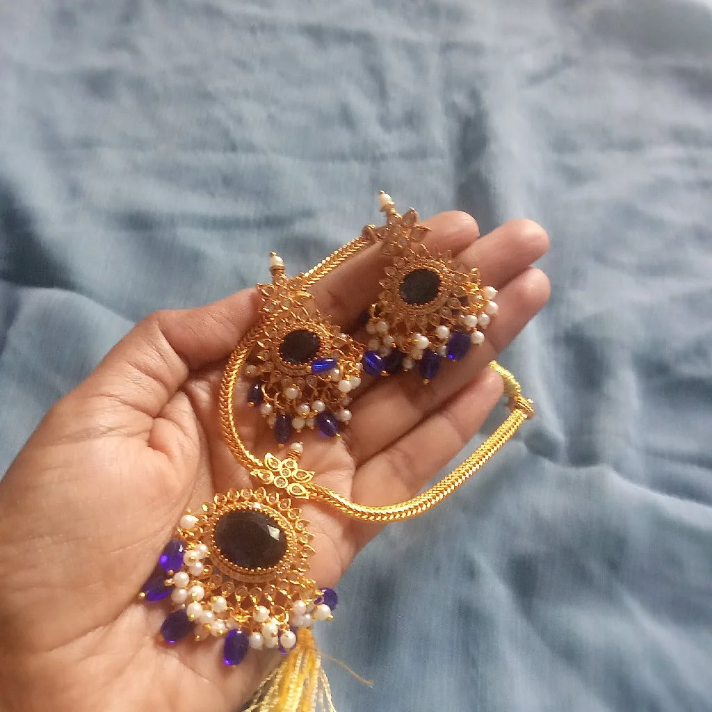 Gold Plated Necklace Set with Blue and White Beads