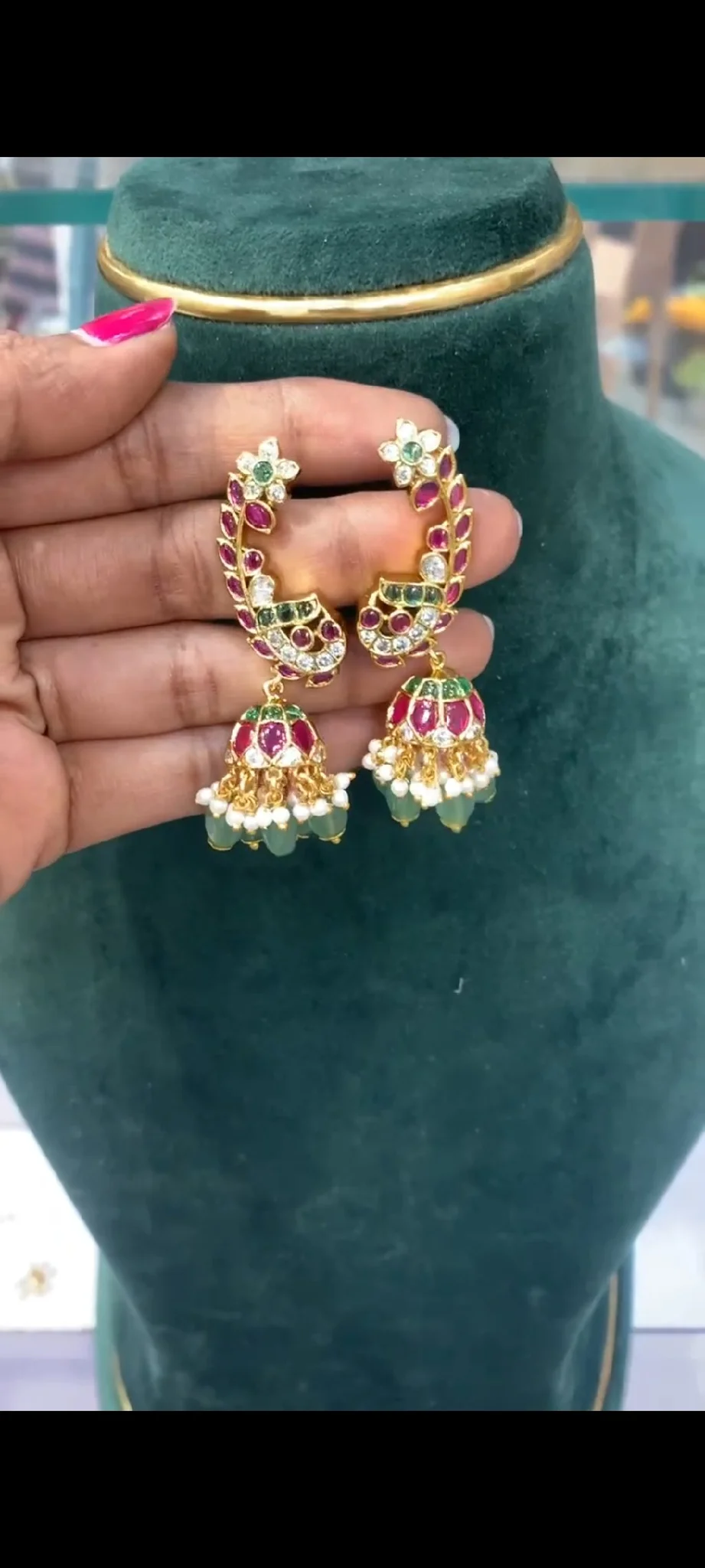 Gold Plated Ruby Emerald Jhumka Earcuffs