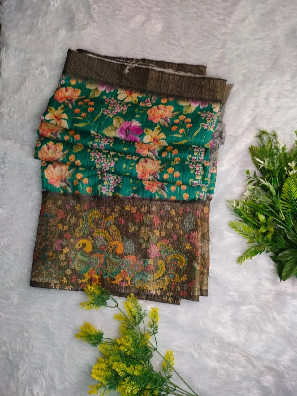 Green Floral Print Saree with Peacock Motif Boarder