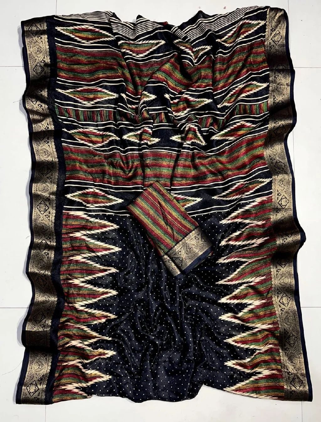 Black Marshmallow Saree with Zari Border and Ikat Pallu thumbnail 2