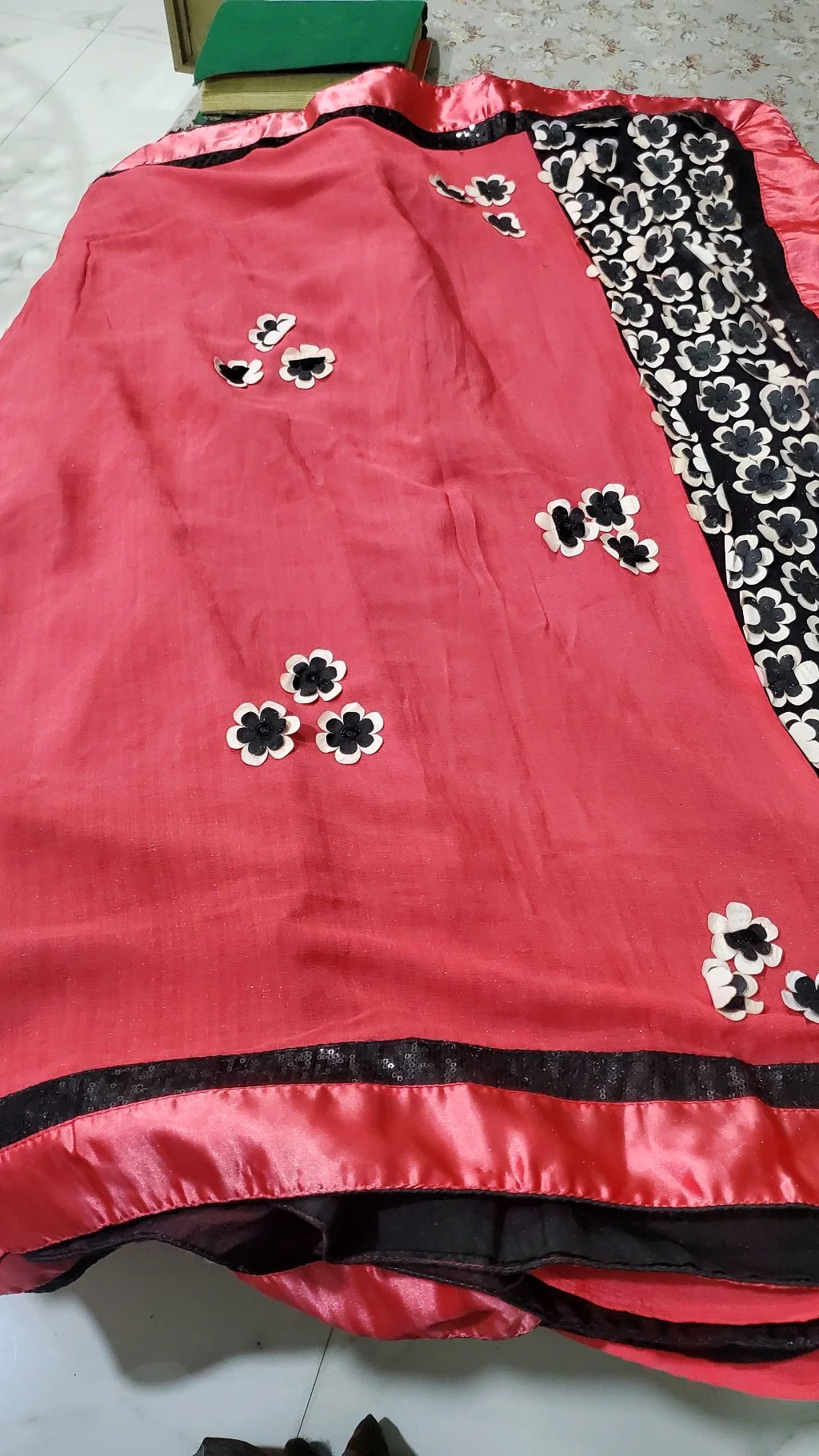 Coral Pink Saree with 3D Floral Applique and Sequin Border thumbnail 3