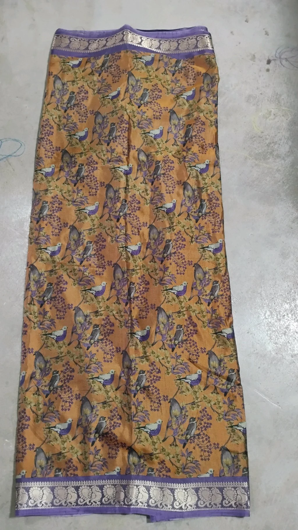 Maheshwari Silk Sarees,Golden Mustard Silk Blend Saree with Bird Print and Purple Zari Border thumbnail 2