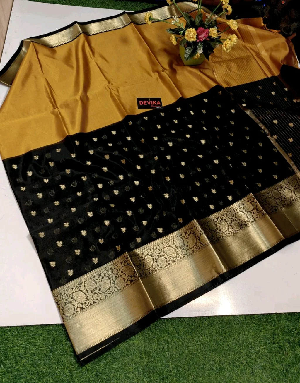 Black Cora Silk Saree with Gold Zari Border thumbnail 5