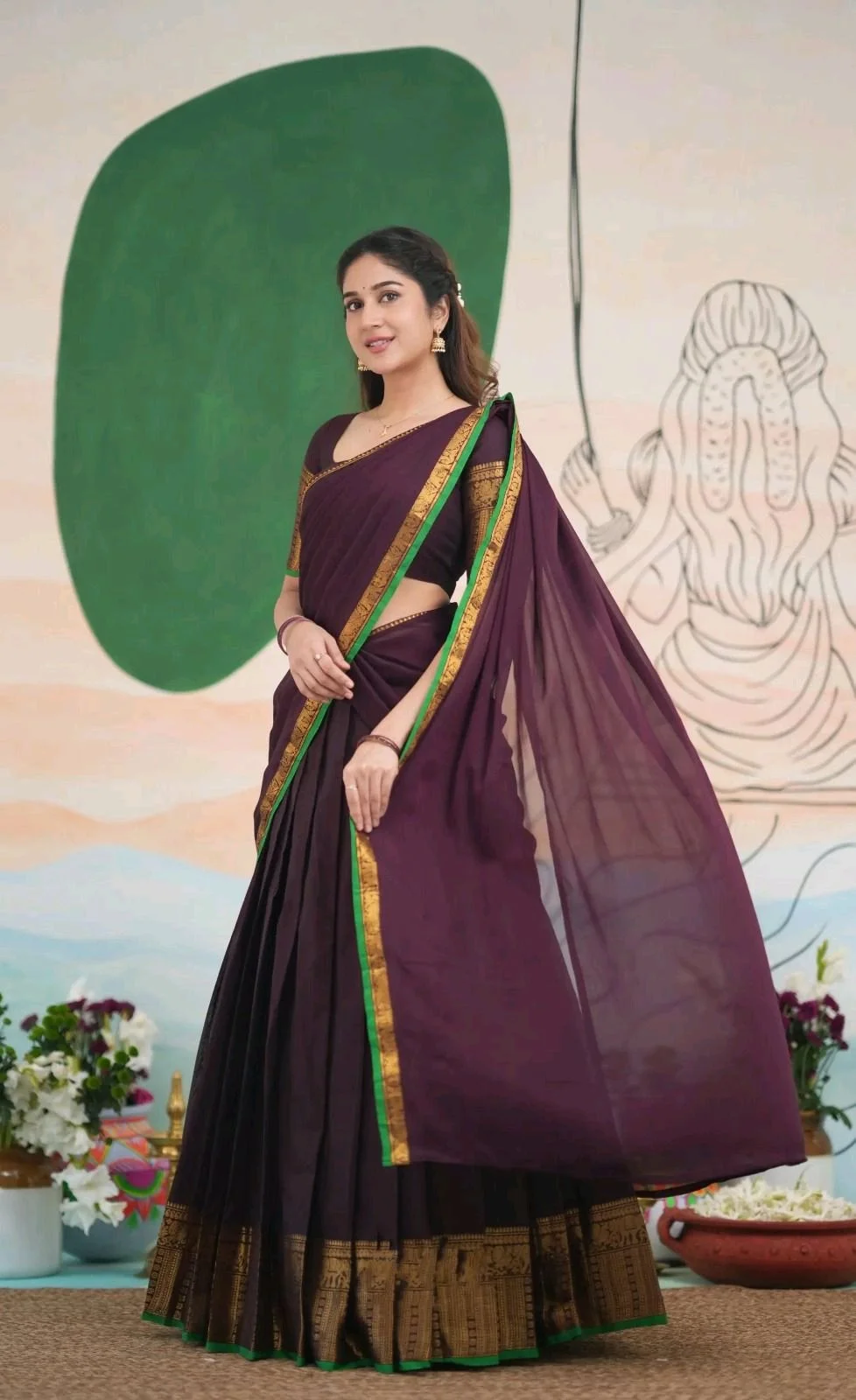 Plum Pleated Lehenga Choli Set with Elephant Zari Border 3
