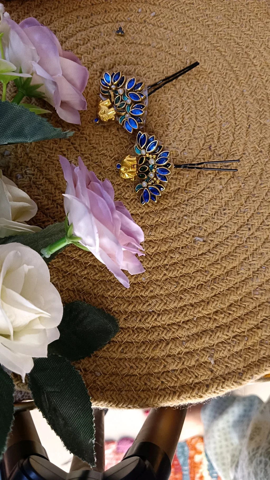 Gold Plated Elephant Hair Pins with Blue Stone Flowers thumbnail 3