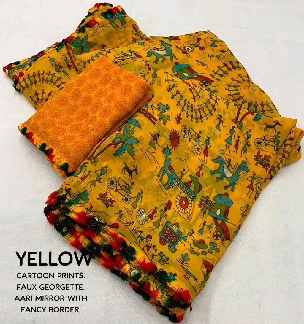 Soft Georgette Saree with Cartoon Prints and Aari Mirror Work 4