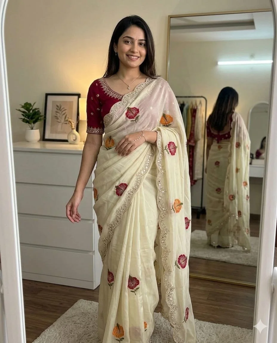 Purple Floral Embroidered Saree with Mirror Work Border - Variant 3 thumbnail 3