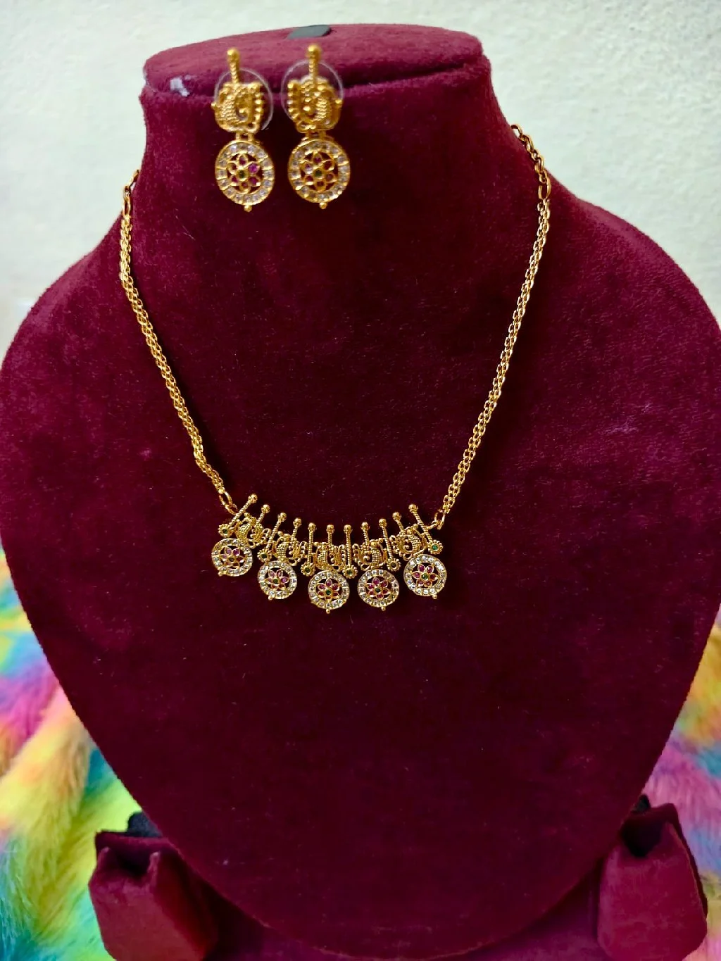 Gold Plated Ruby Stone Choker Necklace Set - Variant 2