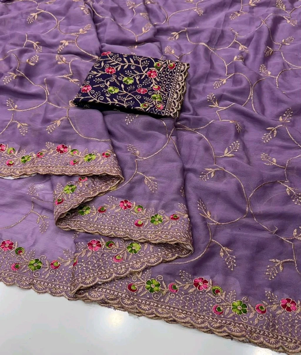 Star Georgette Saree with Floral Embroidery and Blouse 8