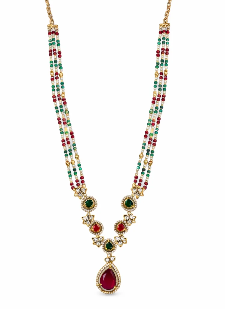 Traditional Pearl and Gemstone Gold Toned Necklace thumbnail 2